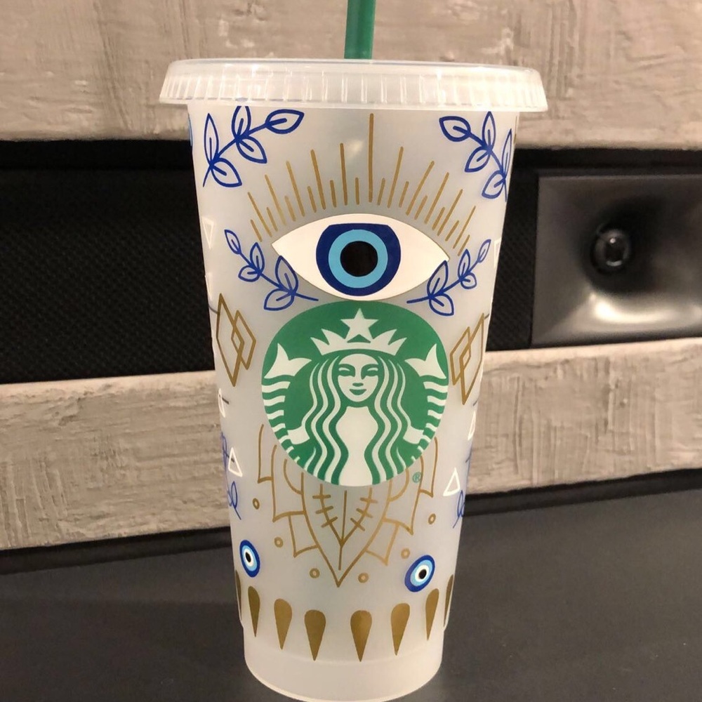 Starbucks cold cup, custom symbol, evil eye